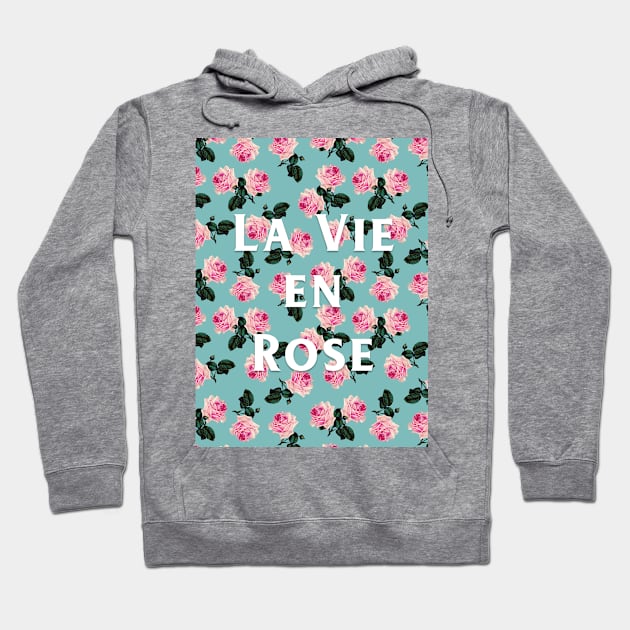 La Vie En Rose - scattered pink vintage roses on turquoise Hoodie by bettyretro